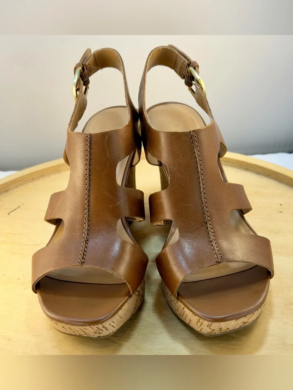 Franco Sarto Collette Brown Leather Cork Wedge Sandals